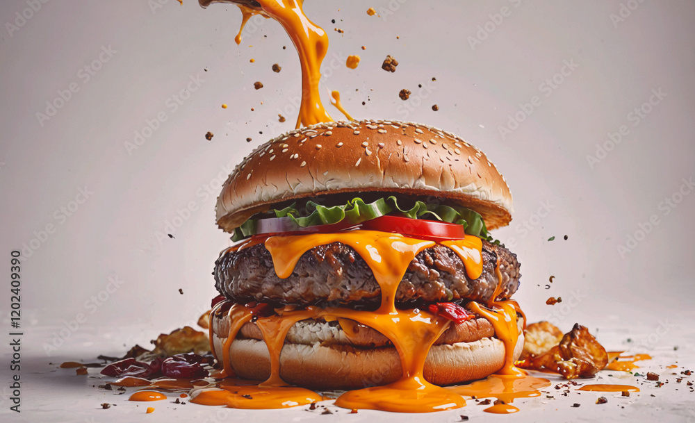 Poster a burger with melted cheese and ketchup dripping from it. the burger is on a white background