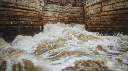 Powerful Turbulent Water Flowing Through Rocky Cliff Faces