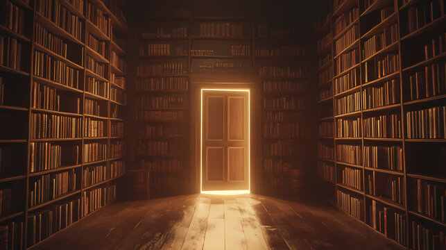 Vintage setting library book room with a door escaping portal. generative ai. Vintage Library Setting. Illustration