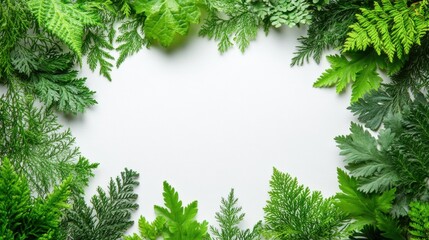 Lush Green Leaves Frame on White Background for Fresh Nature Theme