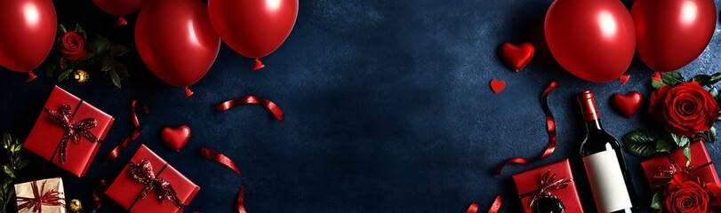 Fototapeta premium Sweet Serenity on a Blue Background with Red Roses, Red Hearts, and Red Balloons. Generative AI
