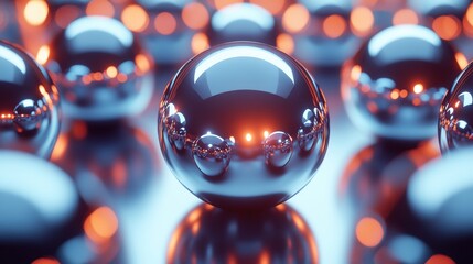 Shiny Metallic Spheres with Reflections and Bokeh Lights Background
