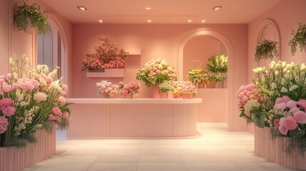 Fototapeta premium Delicate floral arrangements in serene pink interior create tran