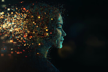 Digital Disintegration: Human Silhouette Pixel Art Abstract Glitch web data code fade cyber break   