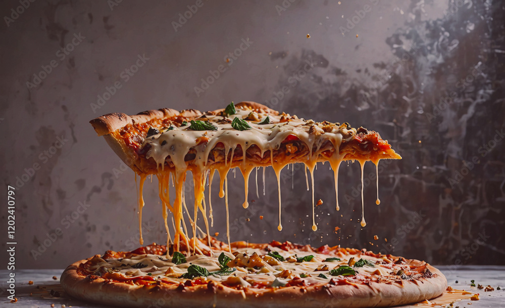 Poster A slice of pizza with cheese dripping from it. The pizza is on a table and the cheese is falling off the slice