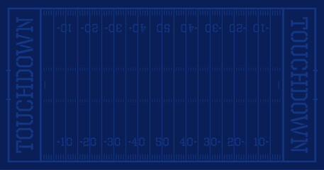 American football field. Numbers,and outlines on blue background. Touchdown text. Modern vector illustration template for web, articles, social media etc.