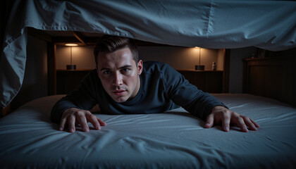Scared man lying under a bed with a panicked expression in a dimly lit room