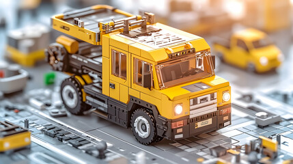 Naklejka premium Yellow toy truck on miniature city street.