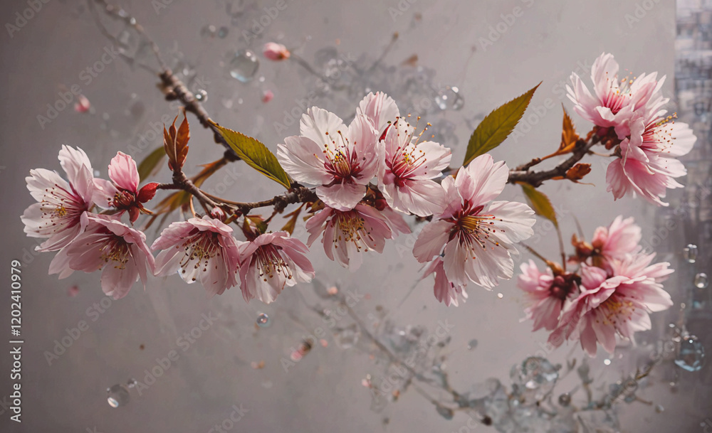 Aufkleber a close up of a branch with pink flowers. the flowers are in full bloom and the branch is covered in