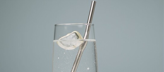 Eco-friendly hydration solution featuring mineral water in a tall glass with metal straw