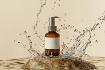 Fototapeta premium Elegant amber bottle creates dynamic splash against soft backgro