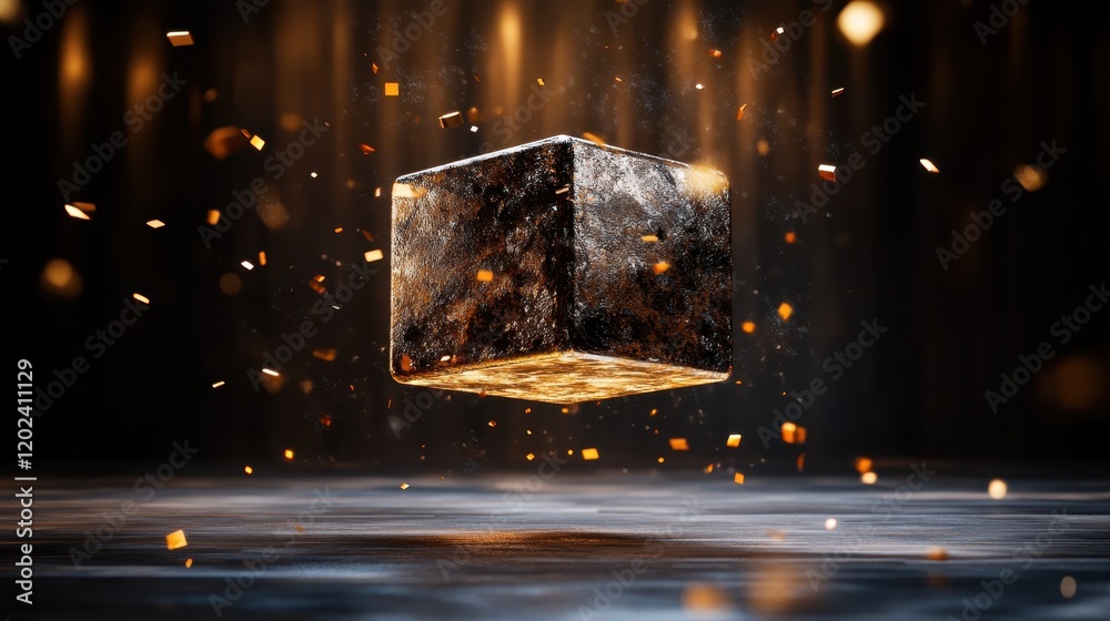 Poster a floating, luminous cube in an ethereal setting surrounded by sparkling elements, representing the 