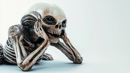 An imaginative representation of a skeleton with alien features, captured in a pensive pose, provoking thoughts on existence, the universe, and our place within it.