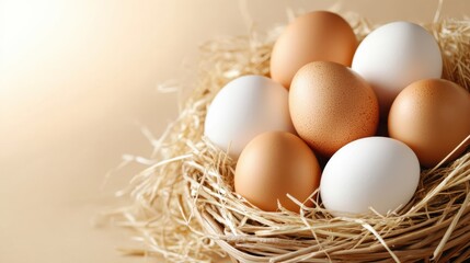 A serene composition featuring fresh eggs nestled gently in a cozy straw nest, representing warmth, comfort, and the essence of nature's nurturing capacities.