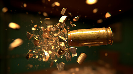 Exploding bullet in mid-air, fragments scattering.