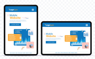 Mobile Web Design Template on Vertical and Horizontal Tablet Computer Screen. Tablet PC vector mockup with transparent background.
