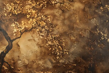 A close-up abstract painting with textured brown and gold tones depicts tree branches with delicate details, Rich tones of brown and gold intertwine in a symphony of natural beauty