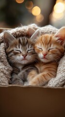 Two tiny kittens lying side by side in a cozy cardboard box lined with a soft blanket.