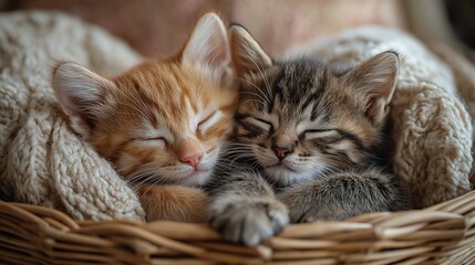 Two tiny kittens snuggling together in a wicker basket, surrounded by soft pillows and warm, pastel tones.