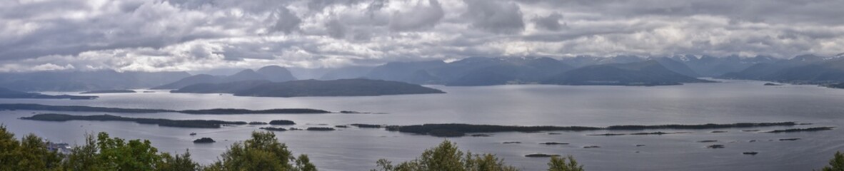 Varden viewpoint Panoramic landscapes, ocean, fjords, islands forests summer 2024 around Molde Norway Scandinavia Europe