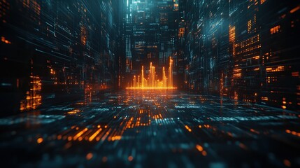 Digital city data stream flowing in cyberspace server room background