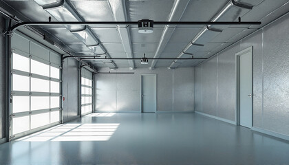 Clean and spacious garage interior with polished floor and natural light