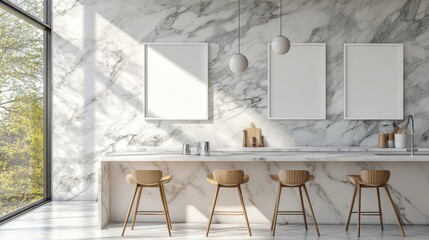 Modern Interior Design with Marble Walls and Stylish Bar Stools