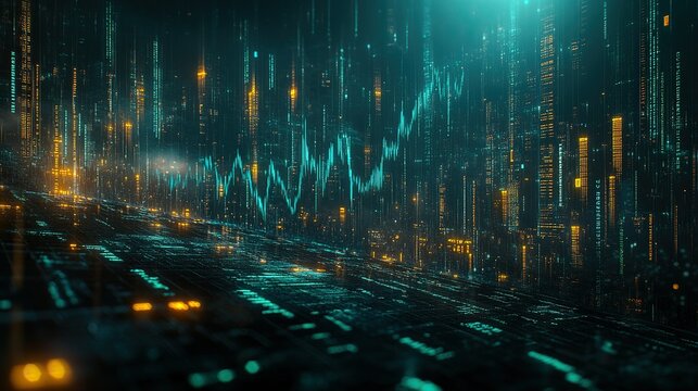 Digital city skyline with data chart, circuit board background, tech visualization