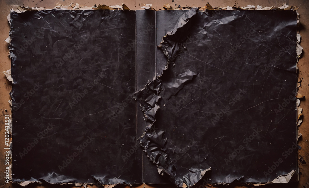 Aufkleber a black book with a torn cover. the book is open to the middle of the page. the book is old and worn