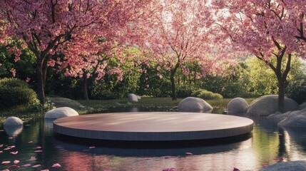 Fototapeta premium Serene Cherry Blossom Garden Pond Scene