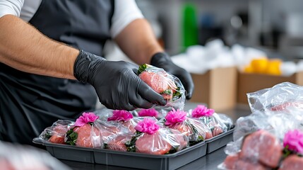 Chef Carefully Packaging Gourmet Strawberries in a Commercial Kitchen Setting
