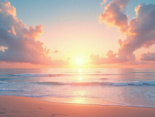 A Serene Beach at Sunset With Pastel Clouds in the Sky