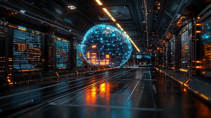 Digital globe in futuristic server room with data screens