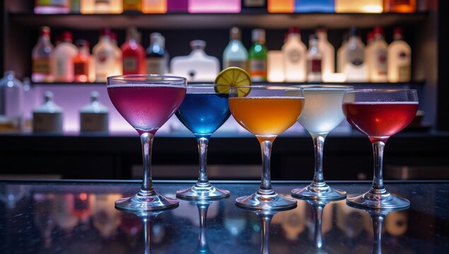 A modern stylish nightlife setting features vibrant-hued cocktails and glossy glass reflections beneath nightclub lighting at a sleek bar counter