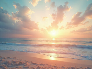 Fototapeta premium A Serene Beach at Sunset With Pastel Clouds in the Sky