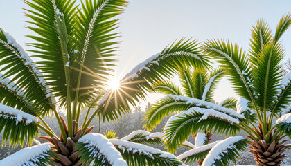 Obraz premium Snowy tropical landscape with palm trees adorned in fresh snow, serene winter sunlight