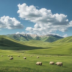 Obraz premium Vast grassland surrounded by undulating mountains and clouds in the sky, with grazing sheep