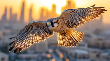 Falcon soaring sunset cityscape urban wildlife photography