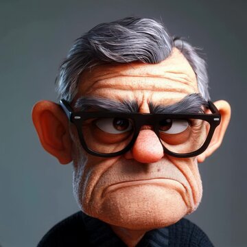 3D cartoon character of a grumpy old man with exaggerated features, glasses, and a grouchy expression.