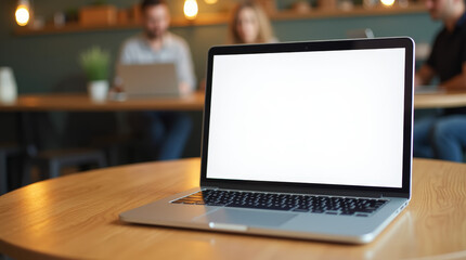 A sleek modern laptop placed on a minimalist desk, with a bright, blank white screen