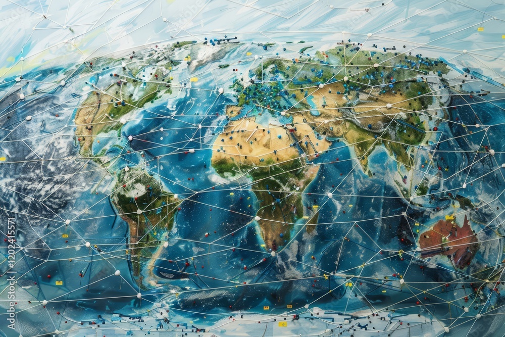 Poster a world map with strings and pins depicting global connectivity, illustrate the interconnectedness a