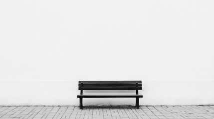 Simple black bench against a stark white wall.