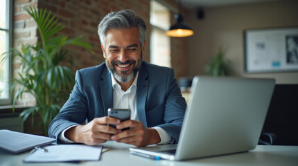 Fototapeta premium business manager using cell phone mobile app, laptop