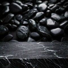 base de mármore preto para produto com pedras pretas ao fundo, elegância, fino - Generated image
