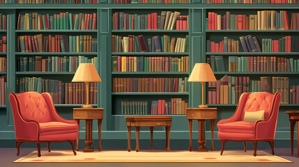 Fototapeta premium A wall of books in a classic library setting. Vintage Library Setting. Illustration