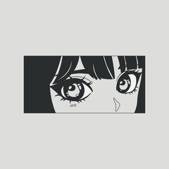 Obraz premium Manga female eyes look. Cartoon asian girl big eyes anime style, trendy kawaii japanese comic character emotion in rectangle frame. Vector illustration