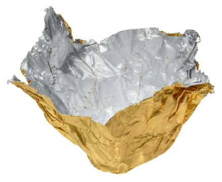 Crumpled yellow foil candy wrapper on isolated background