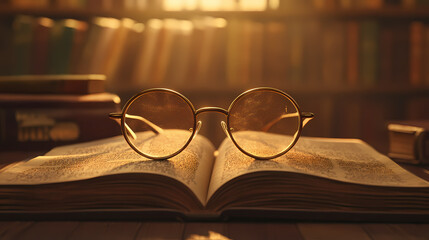Close up of a pair of vintage round glasses resting on an open book in a warmly lit library setting. Vintage Library Setting. Illustration