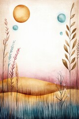 A delicate watercolor greeting card with golden hills under a light pastel-pink sky. Airy brushstrokes create a sense of tranquility, making it perfect for thoughtful greetings.