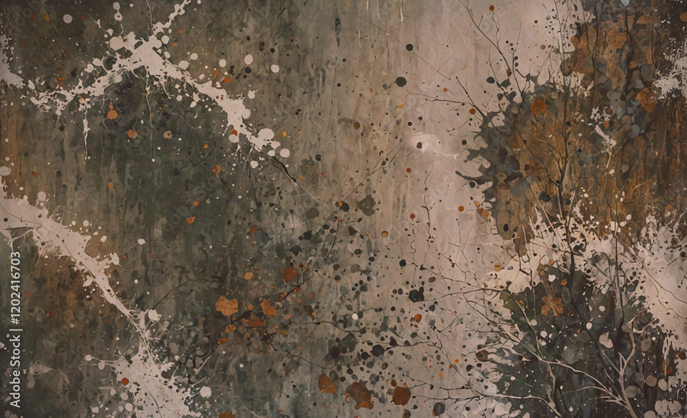 Poster a painting of a tree with brown and orange splatters on it. the splatters give the painting a sense 